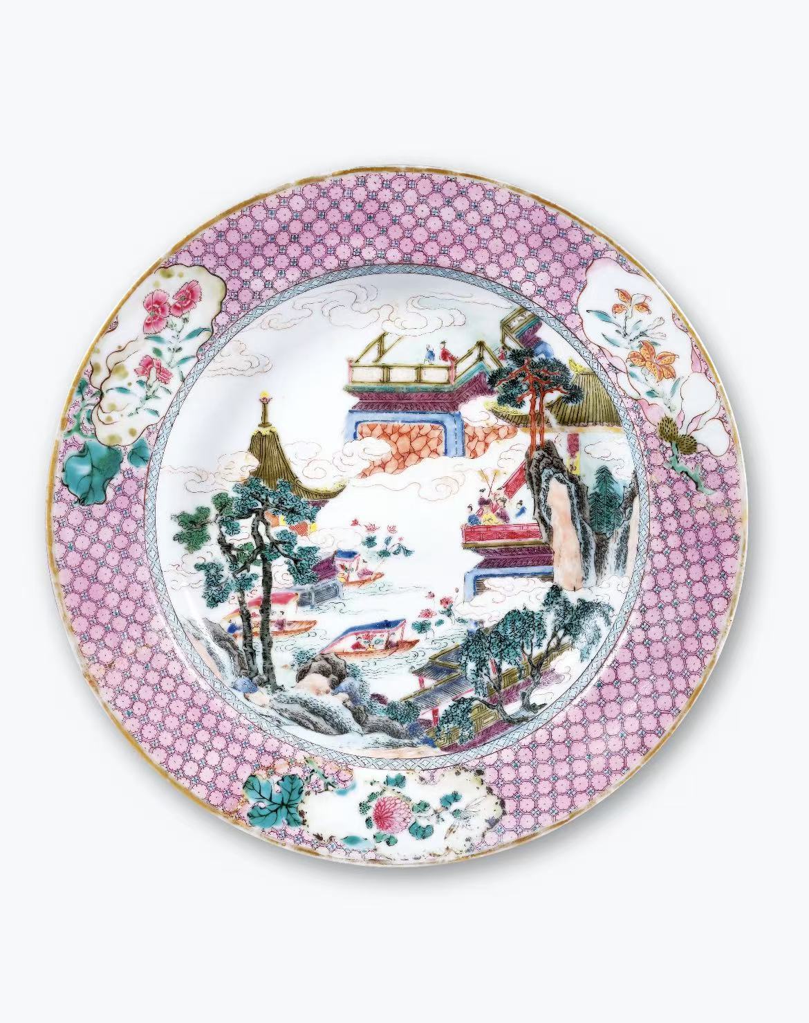 粉彩山水楼阁游景赏盘